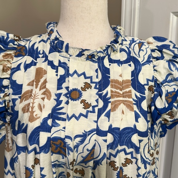 Umgee Boho Double Ruffle Sleeve Mini Dress in Blue Multi - Picture 3 of 9